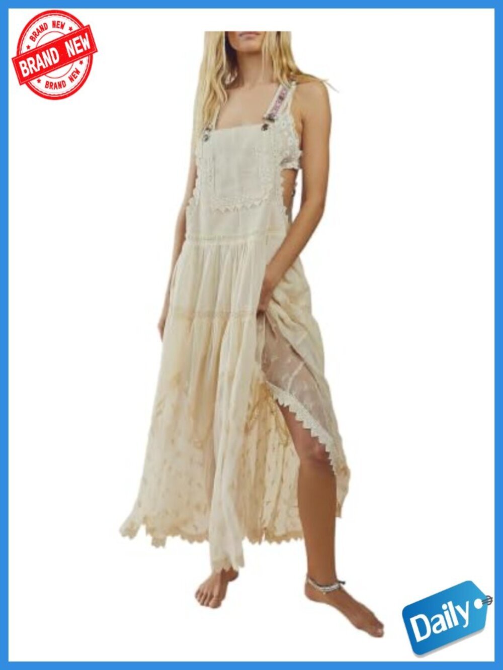 Women's Laced Embroidered Tulle Bib Maxi Dress with Adjustable Straps